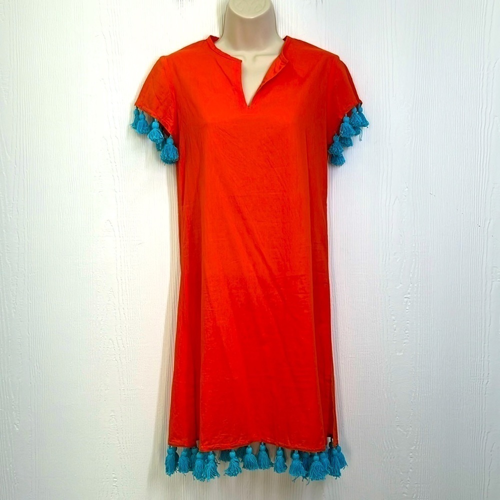 Madison Matthew’s - NWT Sara Mini Bright Orange Teal Tassel Mini Dress Size XS